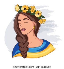 Sad Ukrainian girl with a wreath of yellow flowers on her head. Beautiful woman with the flag of Ukraine.  No war. Pray to Ukraine. Vector flat illustration