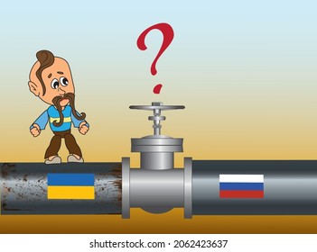 A sad Ukrainian is standing on a rusty pipe of the Ukrainian gas pipeline. An open problem of gas transit from Russia to Europe via Ukraine. Flags of Russia and Ukraine. Vector illustration. 