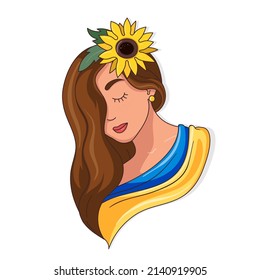 A sad Ukrainian woman with a sunflower in her hair. Beautiful woman with the flag of Ukraine. There is no war. Pray for Ukraine. Vector flat illustration