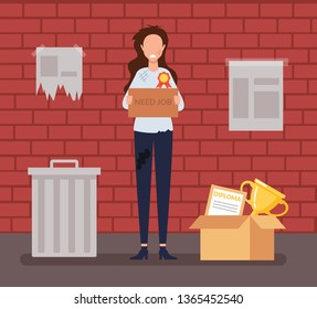 Sad unemployed homeless poor jobless woman student professional worker trying to find job. Social economic education issue concept. Vector flat cartoon graphic design illustration