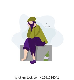 Sad Unemployed Homeless Poor Jobless Man Street Bum Student Professional Worker Social Vector Character Banner Dirty Guy in Tattered Clothes Alcohol Bottle Business Failure Bankruptcy Illustration