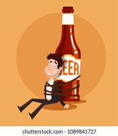 Sad unhappy alcoholic man character tied to bear bottle. Alcohol addiction bad drunk habit dependence. Vector flat cartoon isolated graphic design illustration
