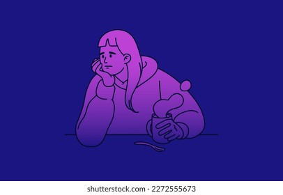 Sad unhappy bored person. Anguish depressed woman in despair feeling sadness, boredom, indifferent to life. Unmotivated girl in depression. Psychology problem concept. Flat vector illustration