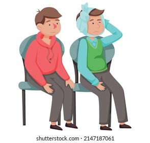 Sad unhappy boy with suffering face expression holding head with hand waiting in line to see dentist with caries and severe pain. Toothache dental pain patient somatology treatment caries broken tooth