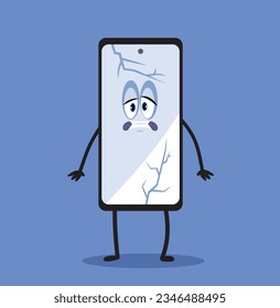 
Triste y desafortunada imagen de caricatura divertida del vector Smartphone. Desactivar carácter de teléfono con pantalla agrietada
