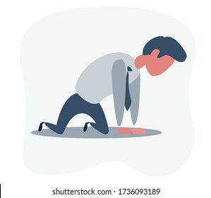 Sad unhappy businessman office worker manager standing on his knees and prey. Vector flat cartoon illustration