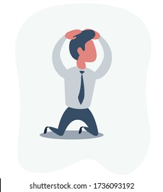 Sad unhappy businessman office worker manager standing on his knees and prey. Vector flat cartoon illustration