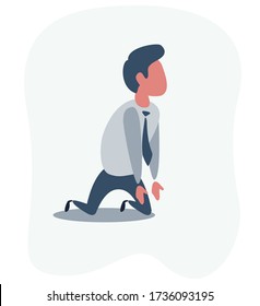 Sad unhappy businessman office worker manager standing on his knees and prey. Vector flat cartoon illustration