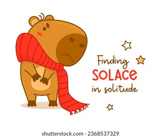 Sad unhappy capybara in winter knitted scarf. Vector illustration. Funny animal character capibara rodent for cards, design