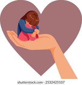 
Sad Unhappy Child Rescued by Protective Hand Vector Illustration. Adoptive mother being affectionate and supportive  
