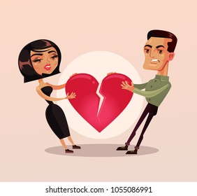 Sad unhappy couple man and woman family wife and husband character quarrel and pulling heart and broke. Relationship problems separation lovers misunderstanding. Vector flat cartoon isolated 