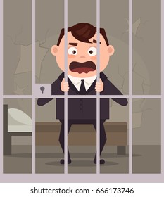 Sad unhappy crying prisoner businessman office worker character in jail. Vector flat cartoon illustration