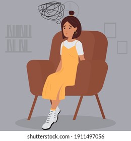 A sad, unhappy, depressed girl sits alone. Vector illustration of a mental disorder. The concept of burnout  and stress