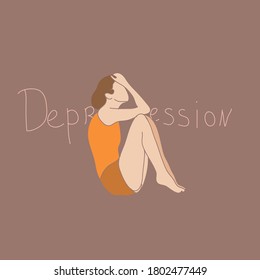 A sad, unhappy, depressed girl, a woman in depression. A young unhappy girl sits and covers her face with her hands. Vector illustration in flat cartoon style.
