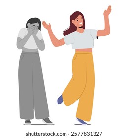 Sad unhappy depressed woman hiding true emotions under happy cheerful behavior dancing isolated on white background. Hypocrisy fake feelings, bipolar disorder psychological problem vector illustration