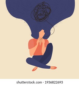 Sad unhappy depressed Young woman sit alone and unravels the tangle of thoughts. Psychological help and support service. Frustrated girl with nervous problem feel anxiety and confusion. Vector.