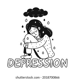 Sad, unhappy depressed young woman sitting on depression quote.Psychology, bad mood, stress concept. Vector cartoon doodle hand drawn character illustration icon. Isolated on white background