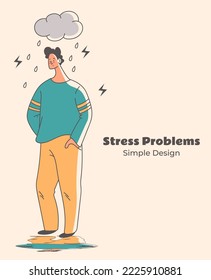 Sad unhappy depression trouble worry people under rain abstract concept. Vector graphic design illustration element
