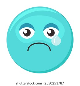 Sad, unhappy emoji facial expression tearful, weeping, depressed emoticon icon. Colorful vector smiley. Cute sticker, social media mood character, emotion and feeling chat element