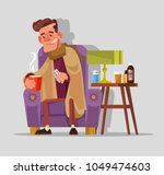 Sad unhappy felling bad sick man character with flu and cold fever takes pills and drinks tea. Seasonal disease infection concept. Vector flat cartoon illustration
