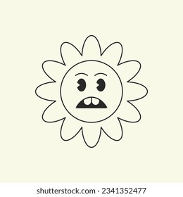 Sad unhappy flower comic cartoon character head face mascot retro 30s animation style line art icon vector illustration. Upset bad mood chamomile natural plant portrait minimal monochrome emoticon