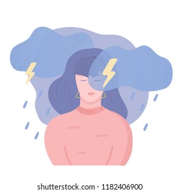 Sad unhappy girl, angry and stressed. Anger, stress and bad mood concept. Dark clouds, rain, lightning and thunderstorm above the woman head. Vector illustration, cartoon flat style.