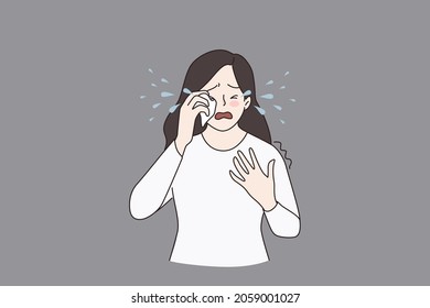 Sad unhappy girl crying burst into tears feel lonely depressed. Stressed young woman suffer from mood swing, have anxiety or depression. Breakup, mental disorder, drama concept. Vector illustration. 