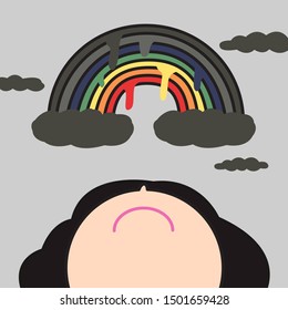 Sad Unhappy Girl Looking Up To Dark Ominous Rainy Cloud With Melting Rainbow Floating On Lurid Sky Concept Card Character illustration