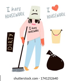 Sad and unhappy housewife, Lady cleaning house concept character design and hand drawn quotes lettering. Cleaning unwillingness modern Clipart collection.