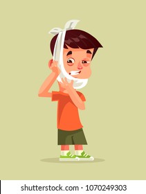 Sad unhappy little boy with suffering face expression holding head with hand. Toothache dental pain patient somatology treatment caries broken tooth concept. Vector flat cartoon graphic design isolate