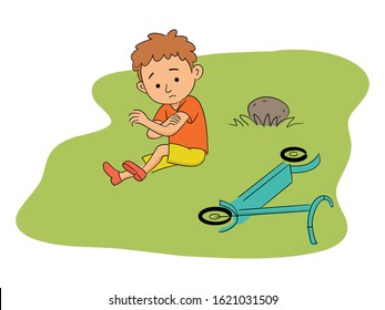 Sad unhappy little boy suffering from elbow ache sitting on grass after scooter accident in green park. Child with injured arm. Injuries, danger and safety during fun. Vector cartoon flat illustration