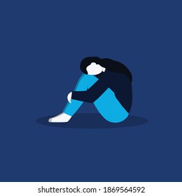 Sad, unhappy lonely woman sitting and hugging her knees in dark room. Depressed young girl concept.Teenager in depression. Vector illustration in flat style.