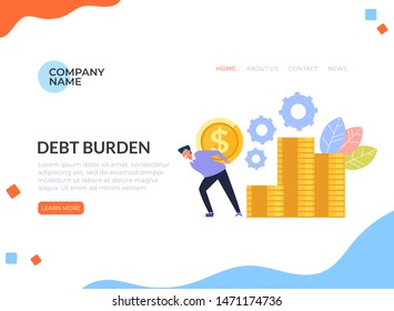 Sad unhappy man character carrying heavy golden coins on his back. Money dependance line art concept. Vector flat cartoon graphic design illustration