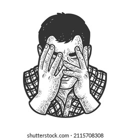Sad unhappy man covered his face with his hands sketch engraving vector illustration. T-shirt apparel print design. Scratch board imitation. Black and white hand drawn image.