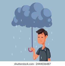 
Trauriger unglücklicher Mann mit einer Regenschirm-Wolken-Vektorillustration
Unglücklicher Kerl leidet an Depressionen und Angstzuständen 
