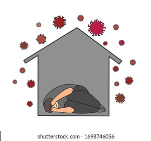 Triste, infeliz hombre en pánico en casa con el virus de la corona por ahí. Ilustración vectorial - estrés, depresión, psicología ayuda en cuarentena. Autoaislamiento en casa en la epidemia de cóvid-19, pandemia de coronavirus