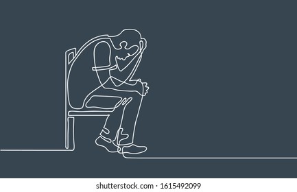 Sad, unhappy man sitting and holding his head. Depression concept. Continuous line drawing. Illustration on gloomy gray background