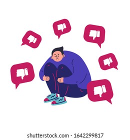 Sad, unhappy man suffers from dislike notifications.Depressed teenage boy.Man addicted to social media and online feedback.Character on white background.Colorful vector illustration