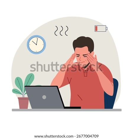 Sad, unhappy man at workplace looking at laptop. Professional burnout syndrome.  Flat style cartoon vector illustration