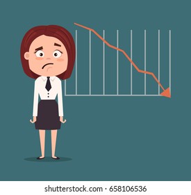 Sad unhappy manager office worker business woman with graph down. Financial crisis. Vector flat cartoon illustration