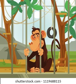 Sad unhappy monkey chimpanzee animal victim character sitting in cage. Cruel illicit treatment of animals flat cartoon graphic design concept illustration