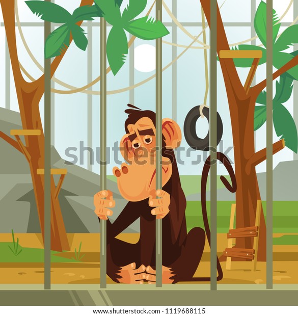 Sad unhappy monkey chimpanzee animal\
victim character sitting in cage. Cruel illicit treatment of\
animals flat cartoon graphic design concept\
illustration