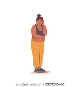 Sad unhappy obese overweight woman standing on scale having weight problems feeling stressed