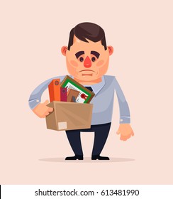 Sad unhappy office worker character fired from job. Vector flat cartoon illustration