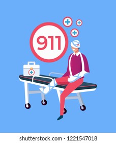 Sad unhappy patient man character sitting on stretcher with broken leg and head. 911 emergency service aid disaster accident help concept. Vector design graphic flat cartoon isolated illustration