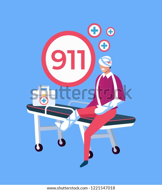 Sad unhappy patient man character sitting on\
stretcher with broken leg and head. 911 emergency service aid\
disaster accident help concept. Vector design graphic flat cartoon\
isolated illustration