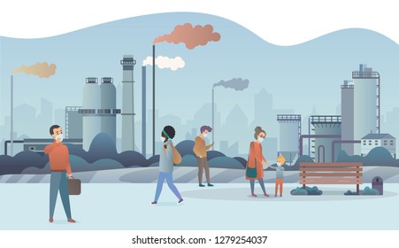 Sad and unhappy people wearing protective face masks and walking near factory pipes city with smoke on background. Industrial smog, coronavirus, COVID-19,  air pollution vector illustration