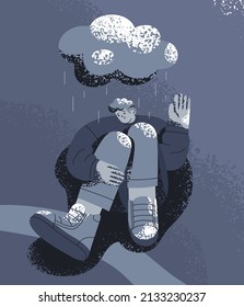 Sad unhappy person in depression and despair under cloud and rain. Loneliness, bad gloomy mood, sadness and pessimism, psychology concept. Depressed man with mental disorder. Flat vector illustration