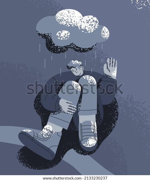 Sad unhappy person in depression and despair\
under cloud and rain. Loneliness, bad gloomy mood, sadness and\
pessimism, psychology concept. Depressed man with mental disorder.\
Flat vector illustration
