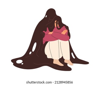 Sad unhappy person in depression, grief. Depressed woman with mental disorder in sorrow, despair and frustration. Psychology concept. Flat graphic vector illustration isolated on white background